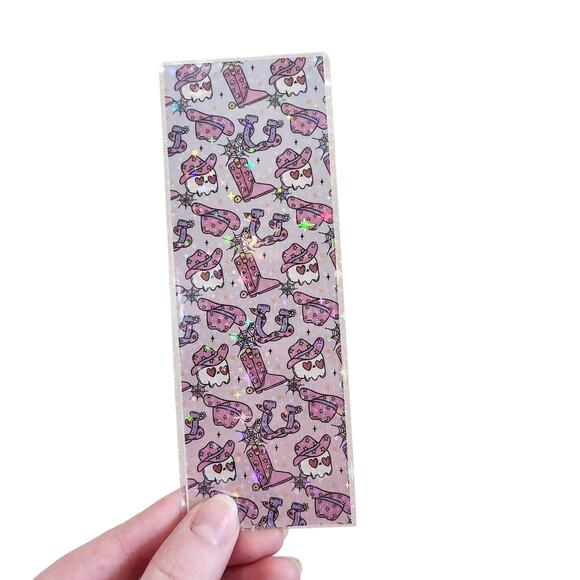 Holographic Spooky Rodeo Ghost Bookmark Pink Purple Cowboy Boots Hats Sparkles - Picture 6 of 10